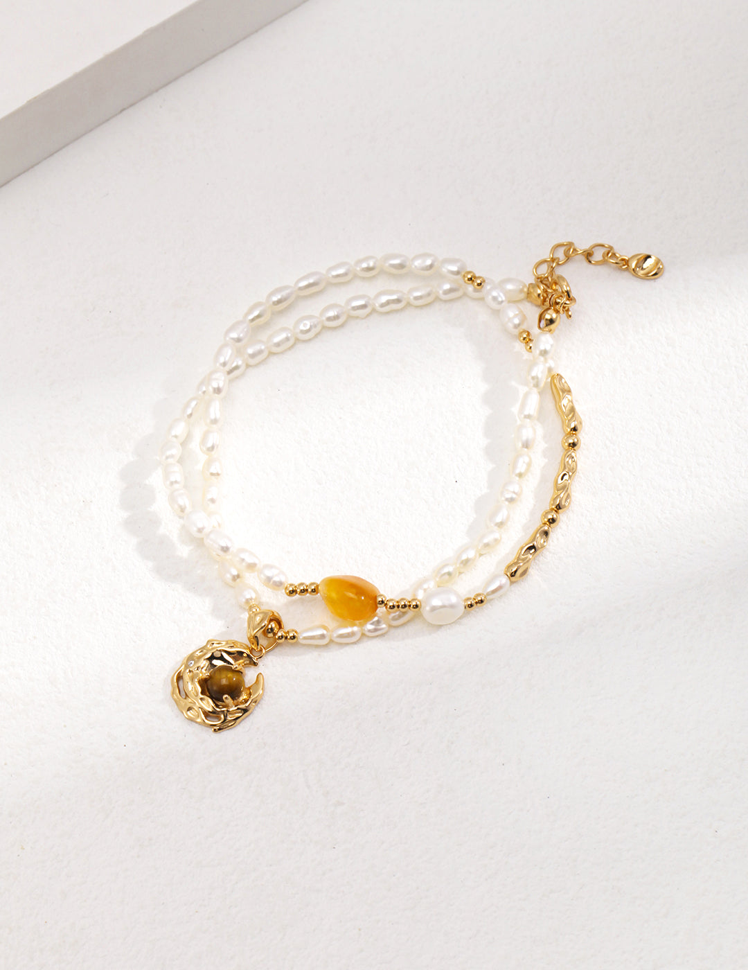 Vintage Gold-Toned Silver Necklace with Freshwater Pearls and Tiger Eye Gemstone