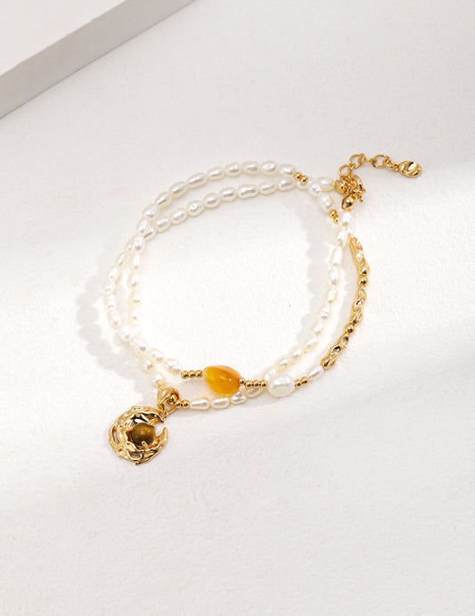 Vintage Gold-Toned Silver Necklace with Freshwater Pearls and Tiger Eye Gemstone