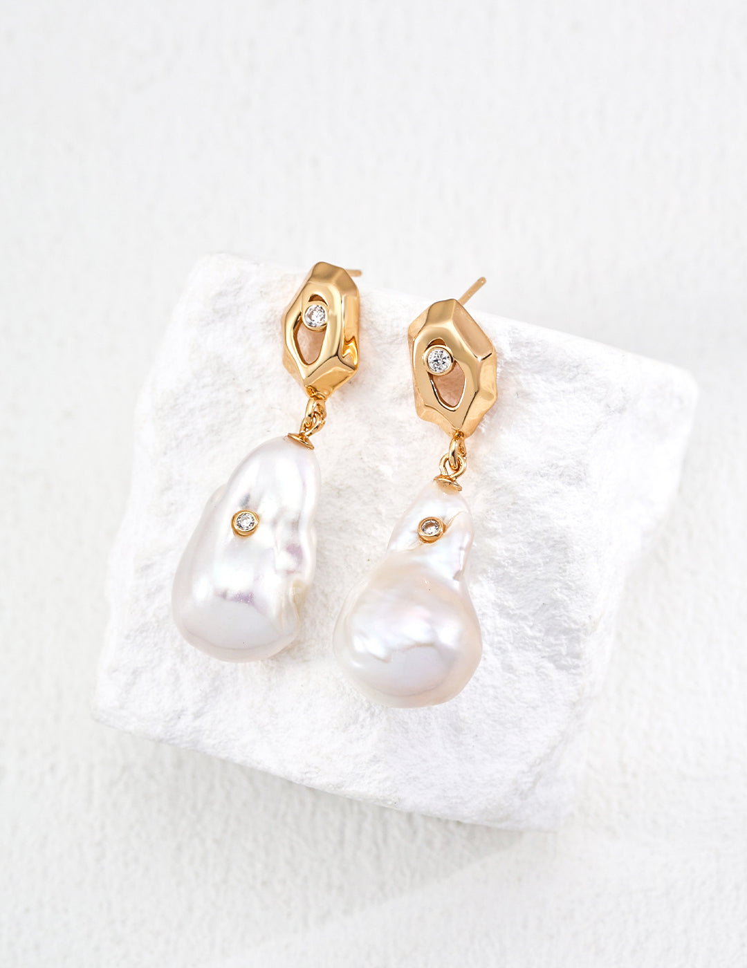 Vintage Gold Baroque Pearl Drop Earrings with Zircon Accents