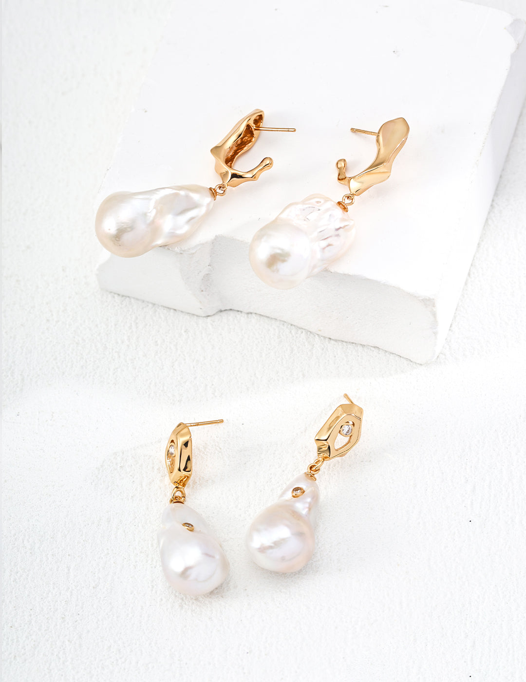 Vintage Gold Baroque Pearl Drop Earrings with Zircon Accents