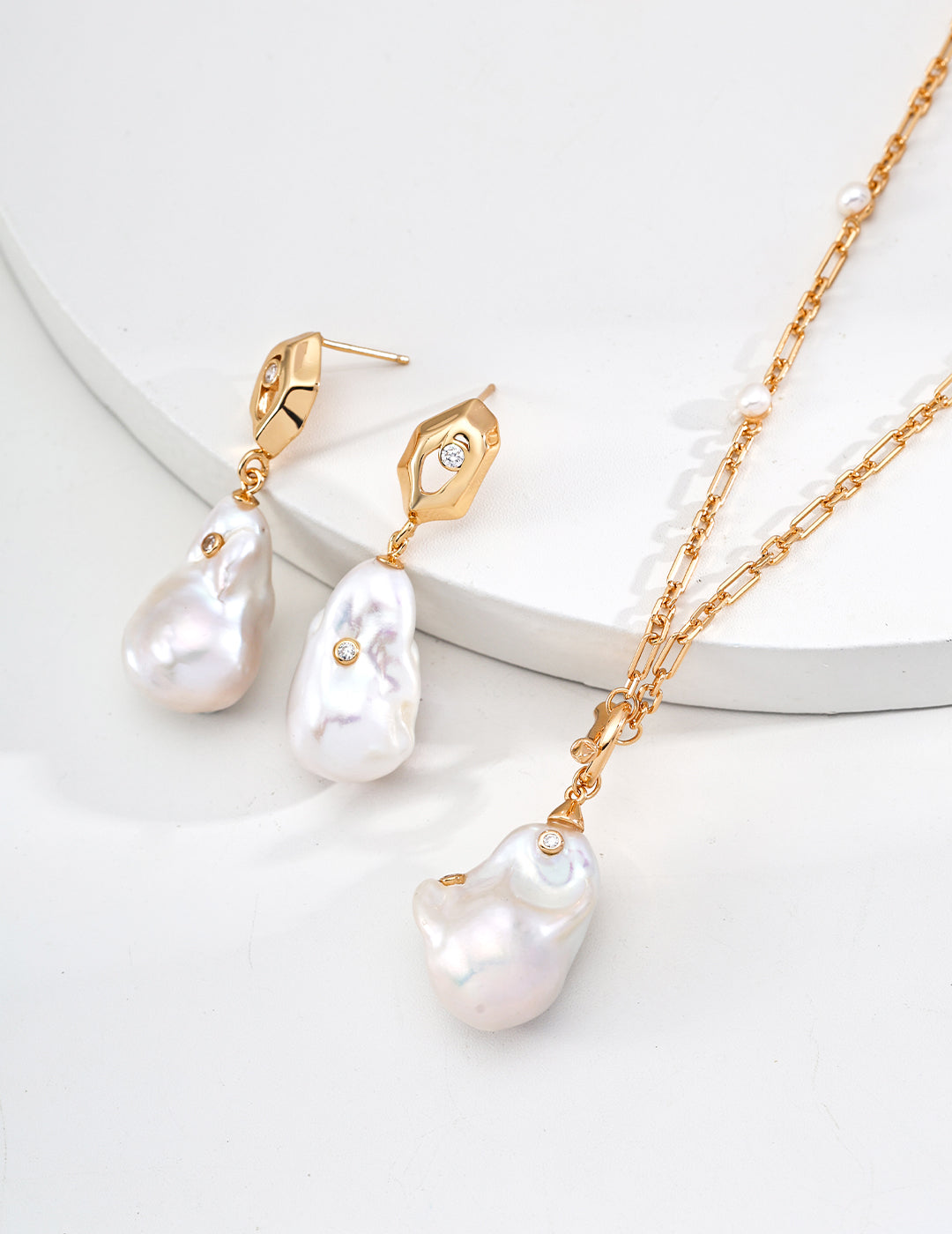 Vintage Gold Baroque Pearl Drop Earrings with Zircon Accents