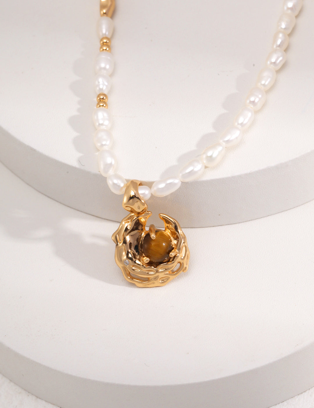 Vintage Gold-Toned Silver Necklace with Freshwater Pearls and Tiger Eye Gemstone